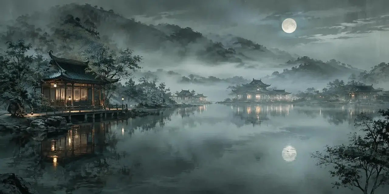 黄果短剧热播专区背景,水墨月色水岸夜景